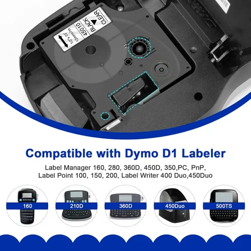 Vista 2 de Compatible con cinta de etiquetas Dymo D1 45010 1/2 pulgada x 23 pies, negro sobre transparente