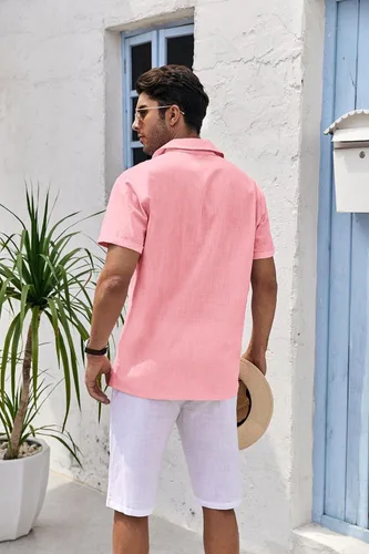 Vista 4 de Bbalizko Mens Short Sleeve Button Up Shirts Linen Cotton Beach Tops Spread Collar Plain Summer T Shirt with Pocket