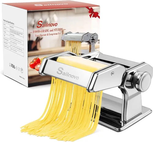 Vista 10 de Sailnovo Máquina para hacer pasta, máquina para hacer pasta de rodillo 180, 9 ajustes de grosor ajustables, máquina de fideos 2 en 1 con rodillos
