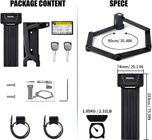 Vista 2 de RBRL Cerradura de bicicleta, cerraduras plegables de 2.95 pies, cerradura de cadena antirrobo de alta resistencia con llaves y estuche