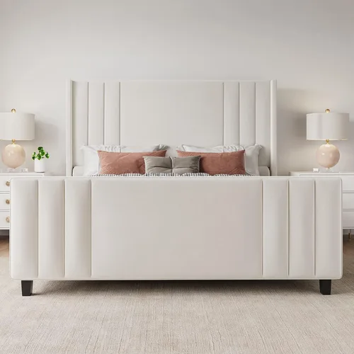 Vista 3 de Albott Base de cama de plataforma tamaño King, cama tapizada con cabecera y pie de cama con respaldo alado capitoné de canales verticales, Crema