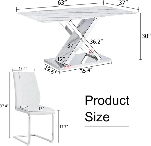 Vista 2 de Juego de mesa de comedor de mármol para mesa rectangular blanca de 6.63 pulgadas con marco de metal plateado en forma de X y 6 sillas de comedor