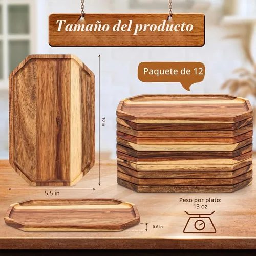 Vista 2 de Dandat Paquete de 12 platos de madera de acacia para servir de 10 x 5.5 pulgadas, bandeja rústica rectangular para charcutería, plato de queso