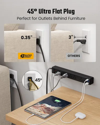 Vista 3 de SUPERDANNY - Protector de sobretensión con enchufe plano, tira de alimentación, cable de extensión ultra delgado de 6 pies con 3 USB