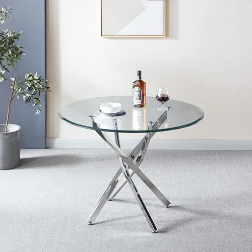 Vista 4 de SSLine Mesa de comedor redonda para 2-4, mesa de comedor de cristal transparente de lujo con base de pedestal plateada de 36 pulgadas, mesa