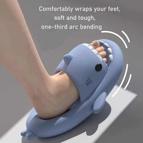 Vista 2 de Pantuflas de tiburón para parejas, antideslizantes y suaves con diseño de tiburón para adultos, sandalias de ducha con punta abierta para mujeres
