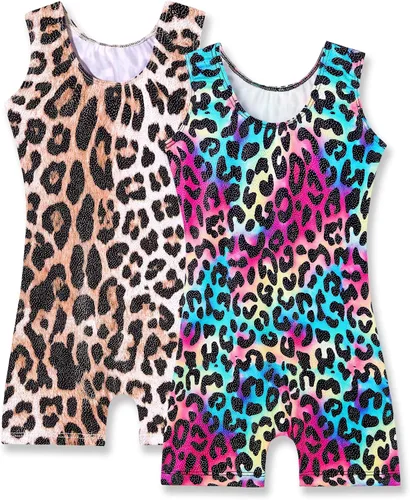Vista 2 de Nymphperi Paquete de 2 leotardos de gimnasia para niñas, mallas con pantalones cortos brillantes sin mangas, unitardo de una pieza, ropa de baile