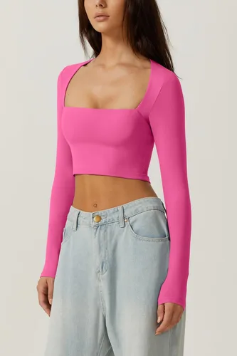 Vista 2 de QINSEN Camiseta corta sexy de manga larga con cuello cuadrado para mujer