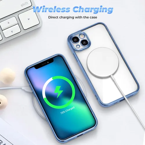 Vista 2 de ZCDAYE Funda para iPhone 13, iPhone 13 compatible con carga inalámbrica, borde azul galvanizado transparente TPU suave a prueba de golpes