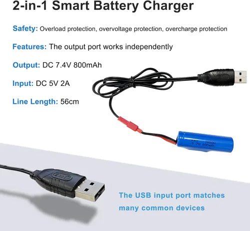 Vista 5 de KBT - Paquete de 2 baterías recargables de iones de litio de 3.7 V 800 mAh 10C de alto drenaje con conector JST de 2 pines y cable de carga USB