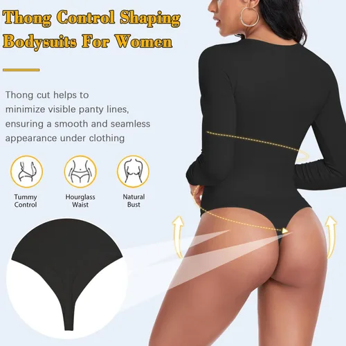 Vista 4 de Body moldeador para mujer, con control de abdomen, manga larga, cuello redondo, tanga, sin costuras, sexy, trajes corporales