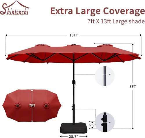 Vista 6 de Shintenchi Sombrilla de patio grande de 13 pies con base, sombra rectangular de doble cara al aire libre con manivela para jardín de césped junto a