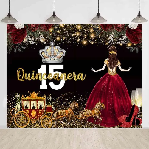 Vista 6 de Vestido rojo, fondo de flores de rosa, telón de fondo de cumpleaños de quinceañera para niña, princesa, feliz cumpleaños 15, carruaje de fotografía