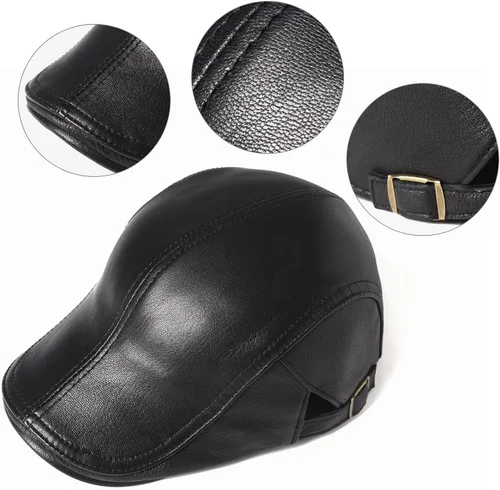 Vista 5 de Gorra plana de piel de cabra para hombre, correa ajustable que se adapta a 22.4-23.6 pulgadas, gorra de conducción negra, gorra de periódico