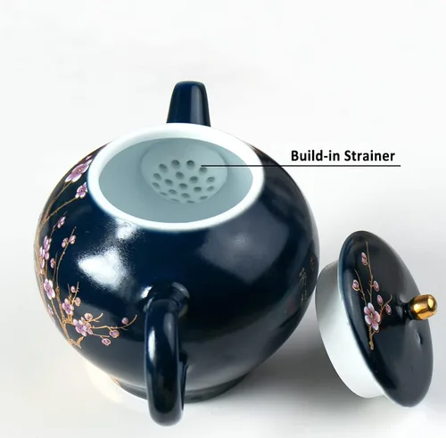 Vista 2 de Dahlia Juego de té de porcelana con diseño de pájaro y flores: tetera con colador integrado + 4 tazas de té en caja de regalo, azul