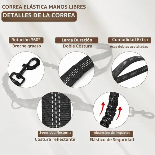 Vista 3 de Correa de perro manos libres con bolsa para la cintura, soporte lumbar mejorado, correa reflectante elástica, cinturón ajustable de 25-55 pulgadas