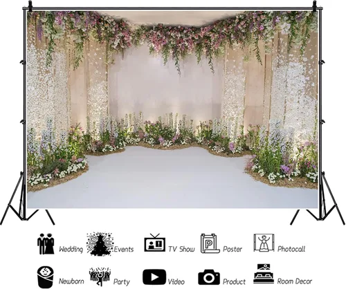 Vista 2 de Telón de fondo de fotografía de boda de 5 x 3 pies, telón de fondo de flores para despedida de soltera, propuesta de flores, telón de fondo