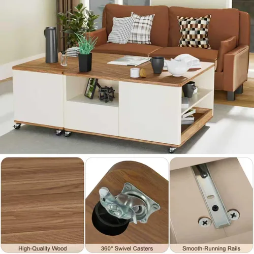 Vista 5 de Mesa de centro de granja con almacenamiento, mesa auxiliar rectangular de forma ajustable, mesa central con 8 ruedas y 2 cajones, mesa de centro