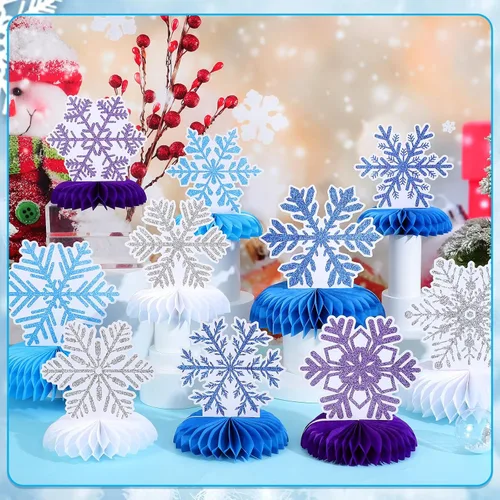 Vista 2 de 12 PIEZAS Centros de Mesa de Panal en Forma de Copo de Nieve para Mesas, Decoraciones de Fiesta de Cumpleaños de Frozen, Centros de Mesa de Copo