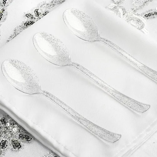Vista 7 de Efavormart - 100 cucharas de plástico desechables con purpurina plateada para bodas, fiestas, banquetes, eventos, dulces, bufés