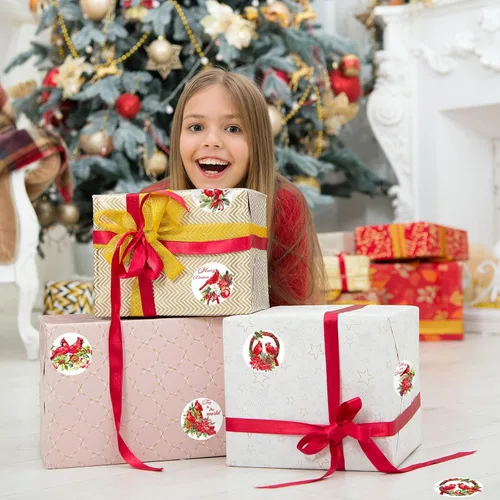 Vista 7 de Whaline 1000 calcomanías de Feliz Navidad, 8 diseños, calcomanías de pájaro rojo cardenal, calcomanías decorativas de Navidad, calcomanías