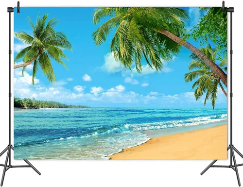 Vista 4 de Fondo tropical de verano para fotografía de palmera o playa de Hawaii, 7 x 5 pies, cielo marino azul, sol, Luau, fiesta, fondo de foto, boda, novia