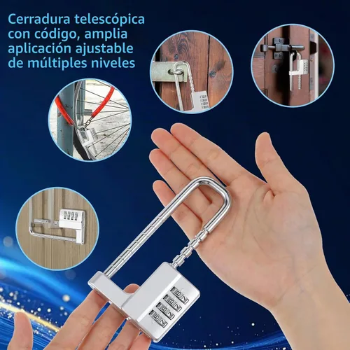 Vista 6 de Candado de armario de combinación de 4 dígitos con código en forma de U, candado ajustable de acero inoxidable con código, bloqueo de grillete largo