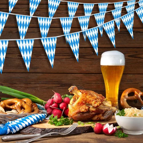 Vista 5 de Banderas de Oktoberfest de 197 pies, paquete de 6 banderines azules y blancos para decoraciones de fiestas temáticas alemanas, decoración