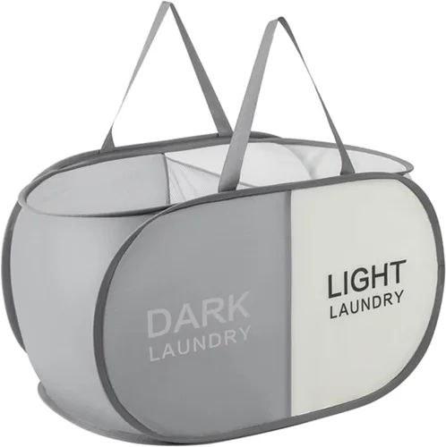 Vista 17 de Cesta plegable para la ropa sucia duradera con 2 compartimentos para clasificar y almacenar, cesta portátil para ropa sucia para dormitorio, cuarto