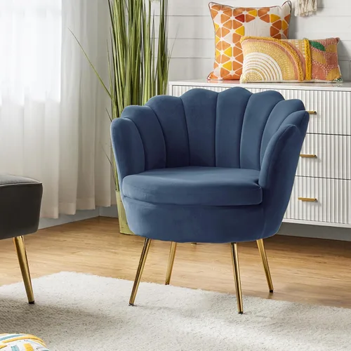 Vista 36 de HULALA HOME Silla decorativa moderna de terciopelo con respaldo en forma de concha, bonito sillón para sala de estar, dormitorio con patas doradas