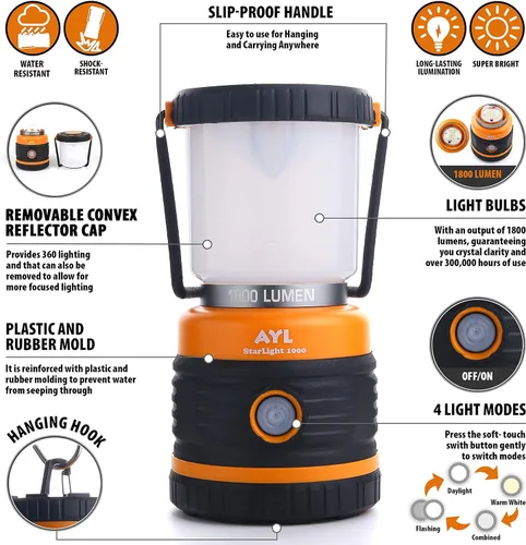 Vista 3 de Linterna LED para campamento recargable, 1800 lúmenes, 4 modos de luz, banco de energía de 4400 mAh, impermeable IP44, linterna perfecta