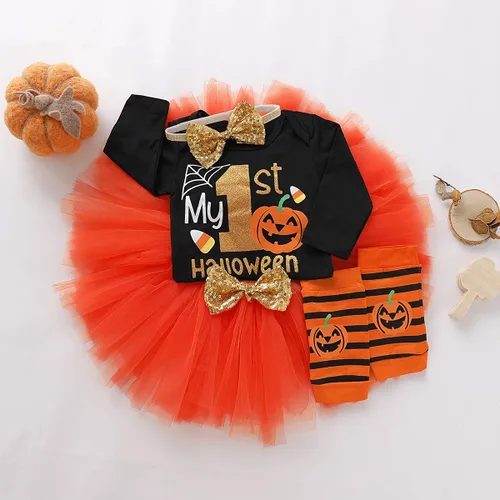 Vista 6 de Disfraz de Acción de Gracias para bebé niña, disfraz de calabaza para Halloween, falda tutú, calentador de piernas estriado + diadema
