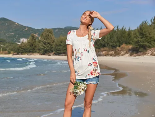 Vista 6 de CATHY Blusa plisada de manga corta de verano para mujer, estilo retazos, holgada, para leggings