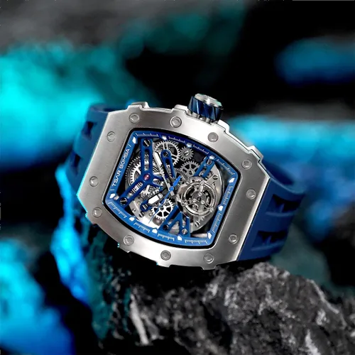 Vista 6 de TSAR BOMBA Reloj para hombre, reloj automático impermeable de 164.0ft, esqueleto mecánico tonneau esfera grande reloj negro con correas de reloj