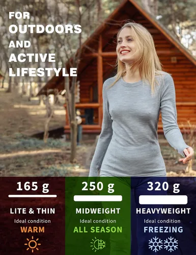 Vista 4 de Merino.tech Conjunto de capa base de lana merino para mujer, ropa interior térmica ligera de lana merino de peso medio para mujer, parte superior e