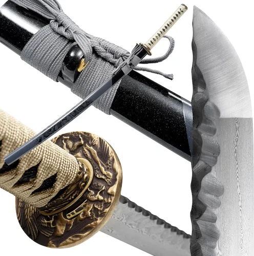 Vista 13 de entez Handcrafted Samurai Katana - Premium Damascus/T10 Clay Tempered Blades - Sharp Functional Japanese Swords, Full Tang