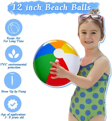 Vista 6 de Beach Balls 12 Pack, 12" Ball, Beach Toys for Kids, Pool Games, Inflatable Pool Toys, Bulk Hawaiian Tropical Theme Party Decorations Favors Supplies