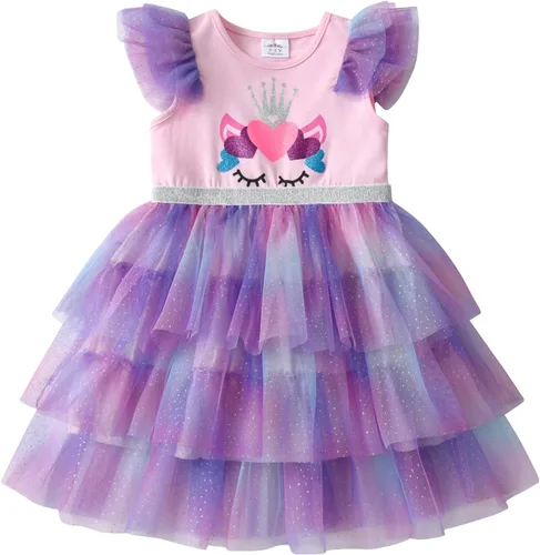 Vista 9 de DXTON Toddler Girls Tutu Dress: Cotton Bodice Layered Tulle Skirt, Mermaid Sparkle Birthday Party Dress for Kids 3–8 Years