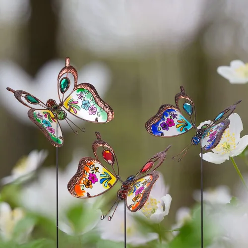 Vista 6 de Paquete de 3 Estacas Decorativas de Jardín con Mariposas, Adornos Exteriores de Arte de Metal para Patio, Estacas de Jardín para Decoración