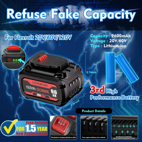 Vista 5 de 【Actualizada】Batería de repuesto de 20 V/60 V MAX 9600 mAh para Dewalt 60 V batería Flex Volt MAX DCB606 DCB612 DCB606-2 DCB609-2 DCB204 DCB206