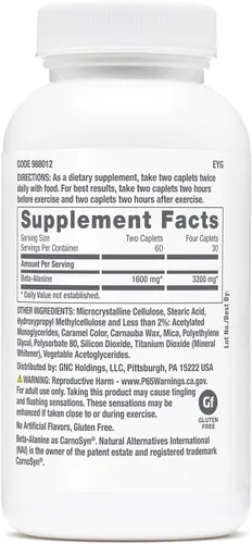 Vista 2 de GNC Pro Performance Beta-alanina, sin sabor, 30 porciones Clinically Shown to Increase Carnosine Levels and Muscle pH Buffering, Gluten-Free and