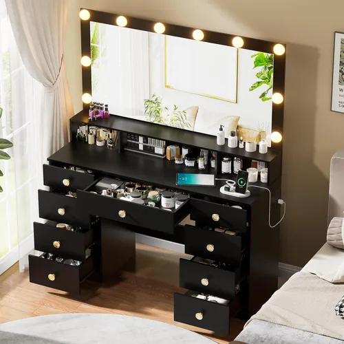 Vista 15 de Escritorio negro con espejo y luces, tocador de maquillaje con 9 cajones, 6 estantes y toma de corriente, espejo de pantalla táctil, tocador