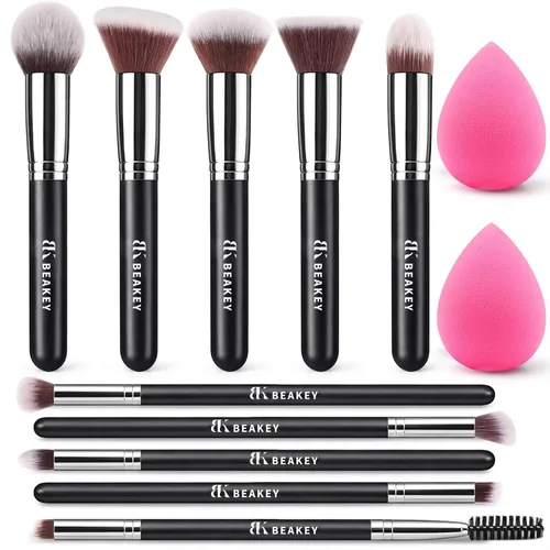 Vista 8 de BEAKEY - Juego de brochas de maquillaje, 13 piezas con estuche, 10 pinceles y 2 esponjas Soft synthetic bristles,foundation brush for liquid