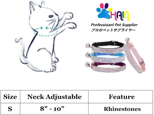 Vista 2 de THAIN Collar de diamantes de imitación para gatos y perros, de terciopelo suave, seguro, ajustable, con campanas, de 8 a 11 pulgadas para perros