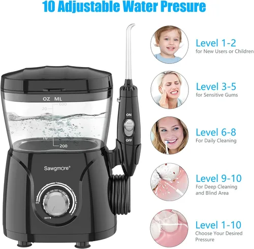 Vista 5 de Sawgmore FC166 - Irrigador dental de agua para dientes y aparatos ortopédicos, gran capacidad de 20.3 fl oz, 10 presiones ajustables, 8 boquillas