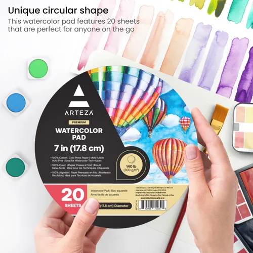 Vista 3 de ARTEZA Papel de acuarela, 20 hojas, almohadillas de papel redondas de 7 pulgadas de diámetro, 140 lb/300 g/m², 100% algodón, papel de arte prensado
