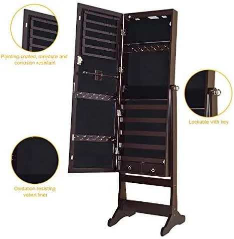 Vista 6 de GOFLAME Espejo de armario de joyería con luces LED, dos cajones con cerradura, organizador de joyas de gran capacidad, organizador de almacenamiento