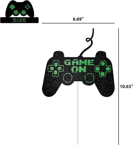 Vista 2 de Game On Big Cake Topper – Controlador de videojuegos dorado negro y verde para decoración de pasteles para niños y niños, suministros de fiesta