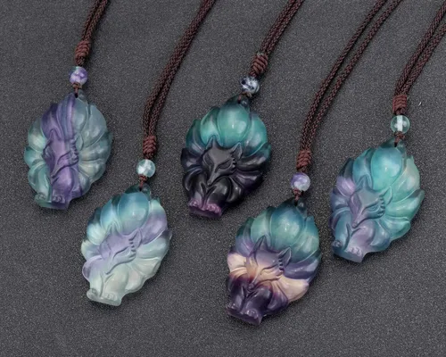 Vista 3 de Jovivi Paquete – 2 artículos Collar de zorro de cristal de fluorita natural + collar de zorro de obsidiana de hielo, collares de piedras preciosas