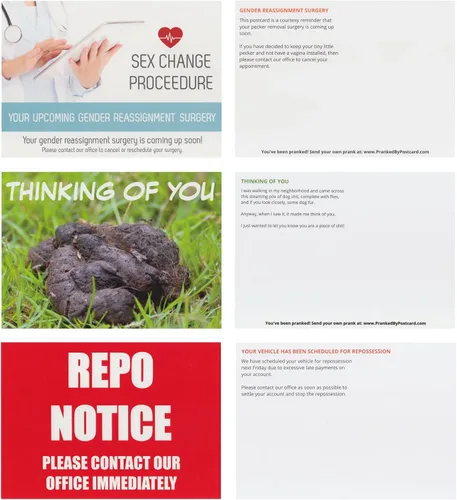 Vista 5 de Crazy Novelty Guy Paquete de 12 tarjetas postales de broma variadas – 12 postales de broma diferentes – Bromas chistes bromas venganza correo